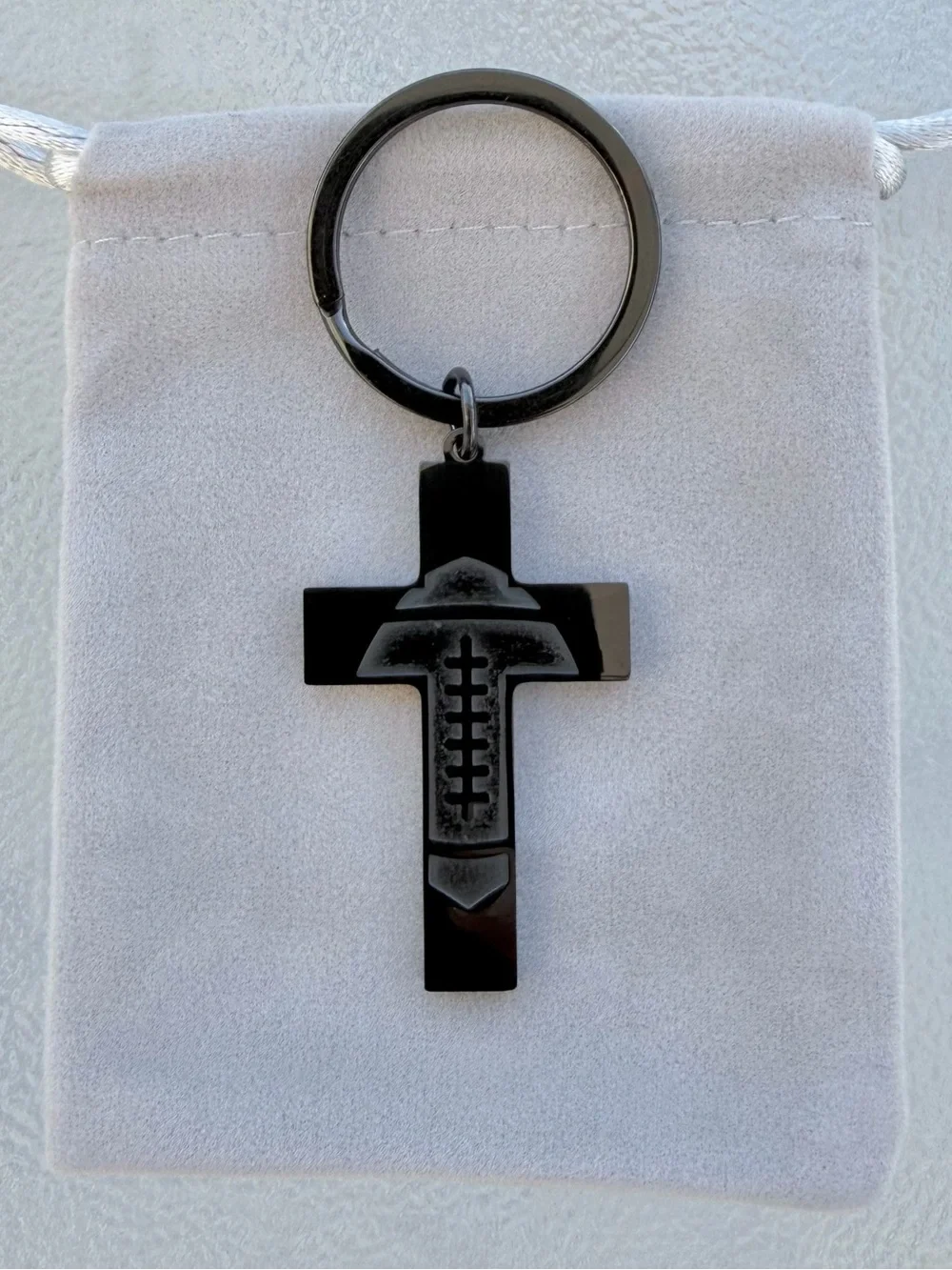 Football Cross Keychain for Men Sport Gifts, Black Stainless Steel